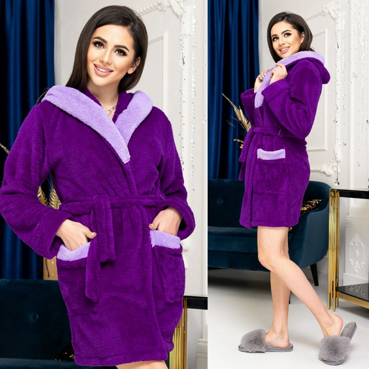 

Махровый халат с капюшоном 2XL-3XL (54-58) фиолетовый