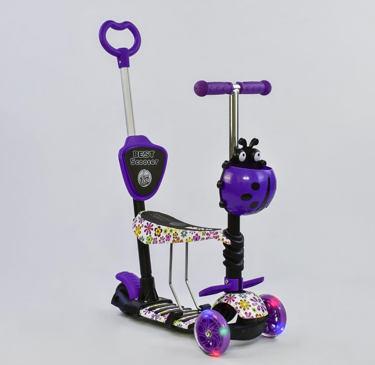 

Самокат 5в1 Best Scooter, PU колеса, подсветка колес фиолетовый с черным