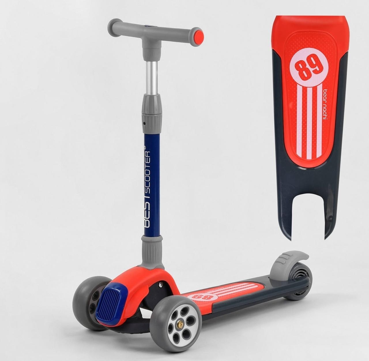 

Самокат трехколесный Best Scooter, складной алюминиевый руль, 3 колеса PU со светом красный с синим