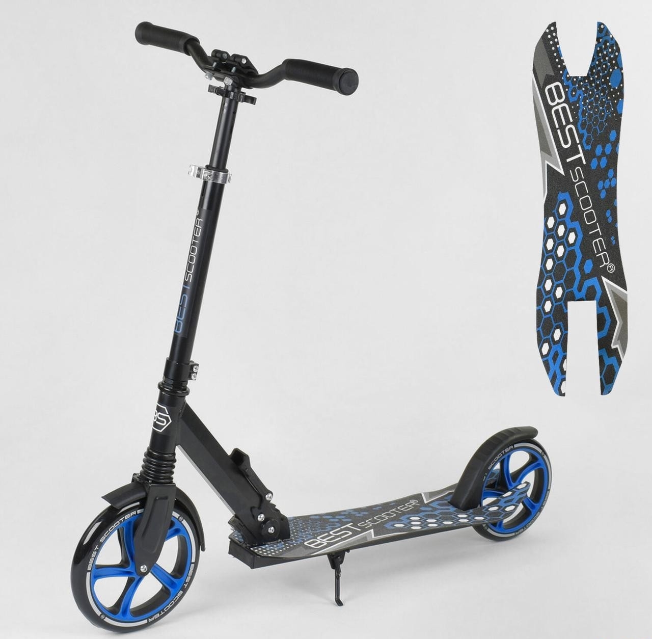 

Самокат Best Scooter, зажим руля, переднее колесо PU - 22 см, заднее колесо PU - 20 см черно синий