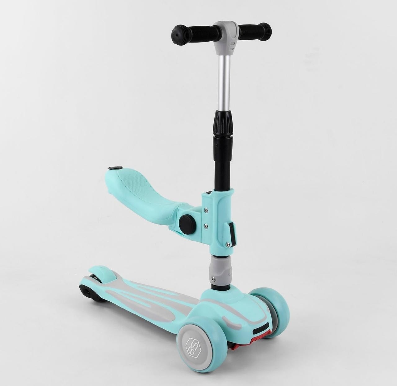 

Самокат трехколесный с сидением Best Scooter, складной алюминиевый руль, колеса PU голубой