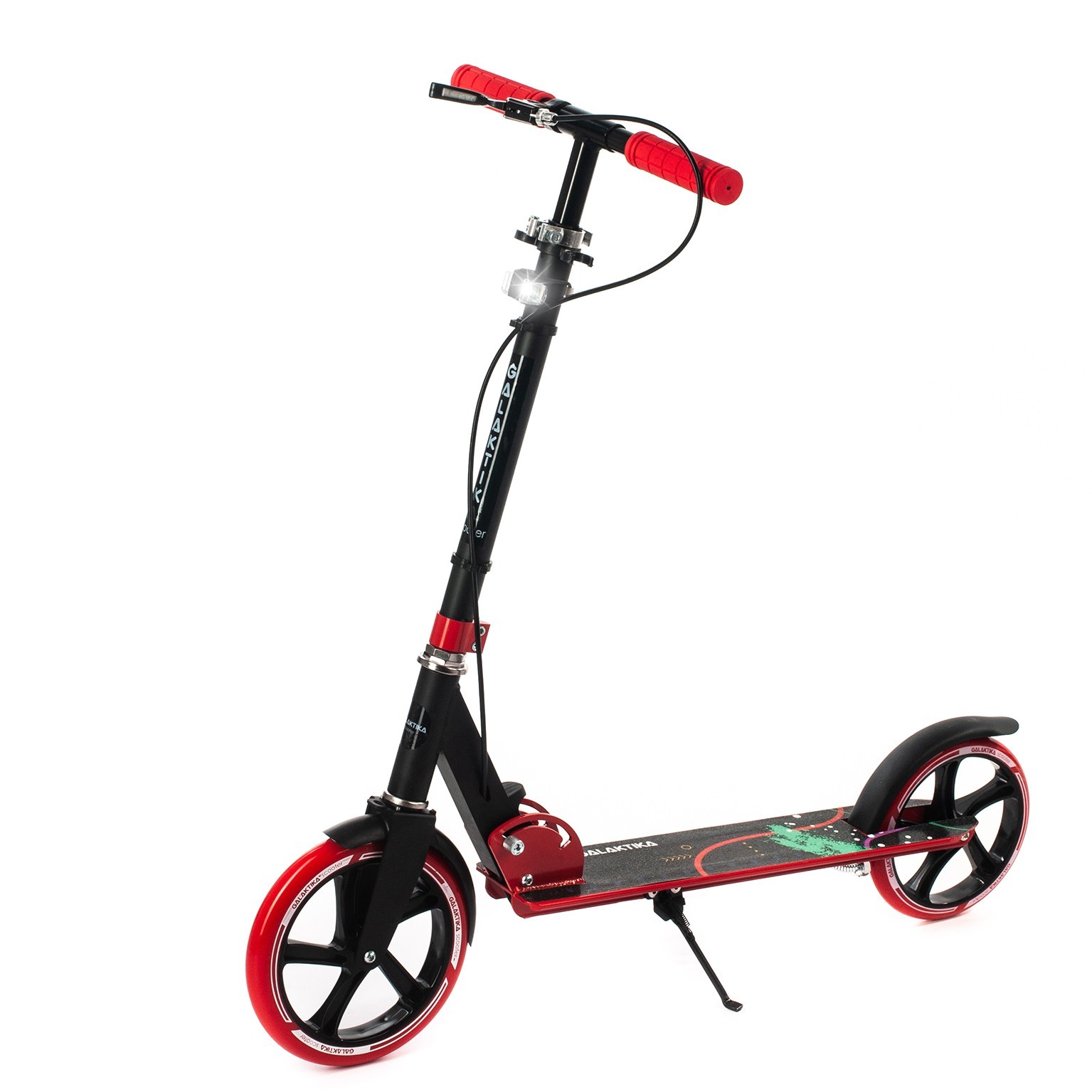 

Самокат Galaktika Scooter алюминиевый c ручным тормозом и фонариком. Красный