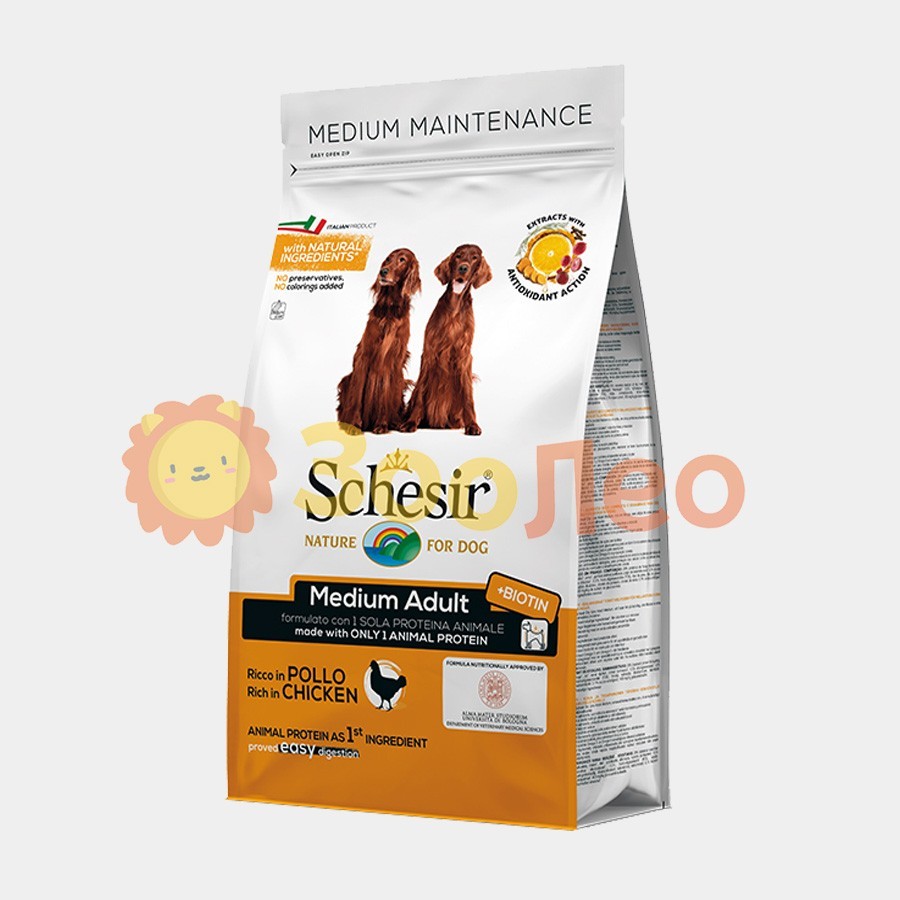 

Сухой монопротеиновый корм Schesir Dog Medium Adult Chicken для взрослых собак средних пород с курицей 12 кг