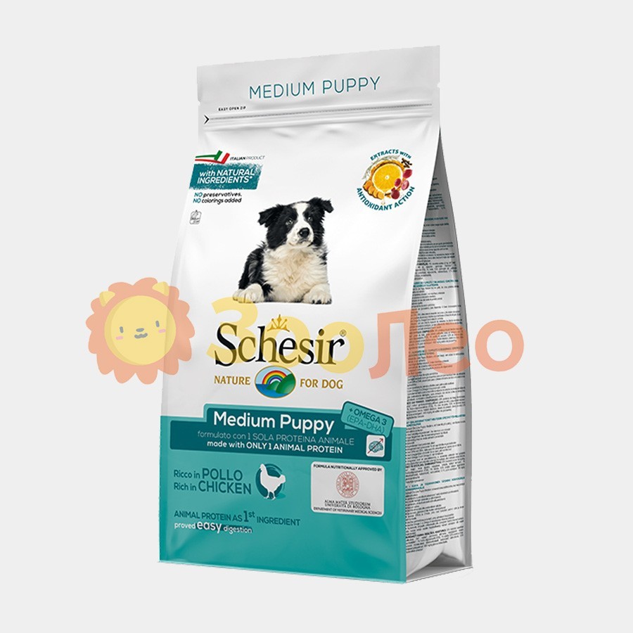 

Сухой монопротеиновый корм Schesir Medium Puppy для щенков средних пород с курицей 12 кг