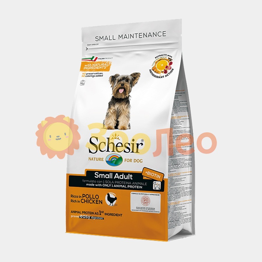 

Сухой монопротеиновый корм Schesir Dog Small Adult Chicken для взрослых собак малых пород с курицей 800 г