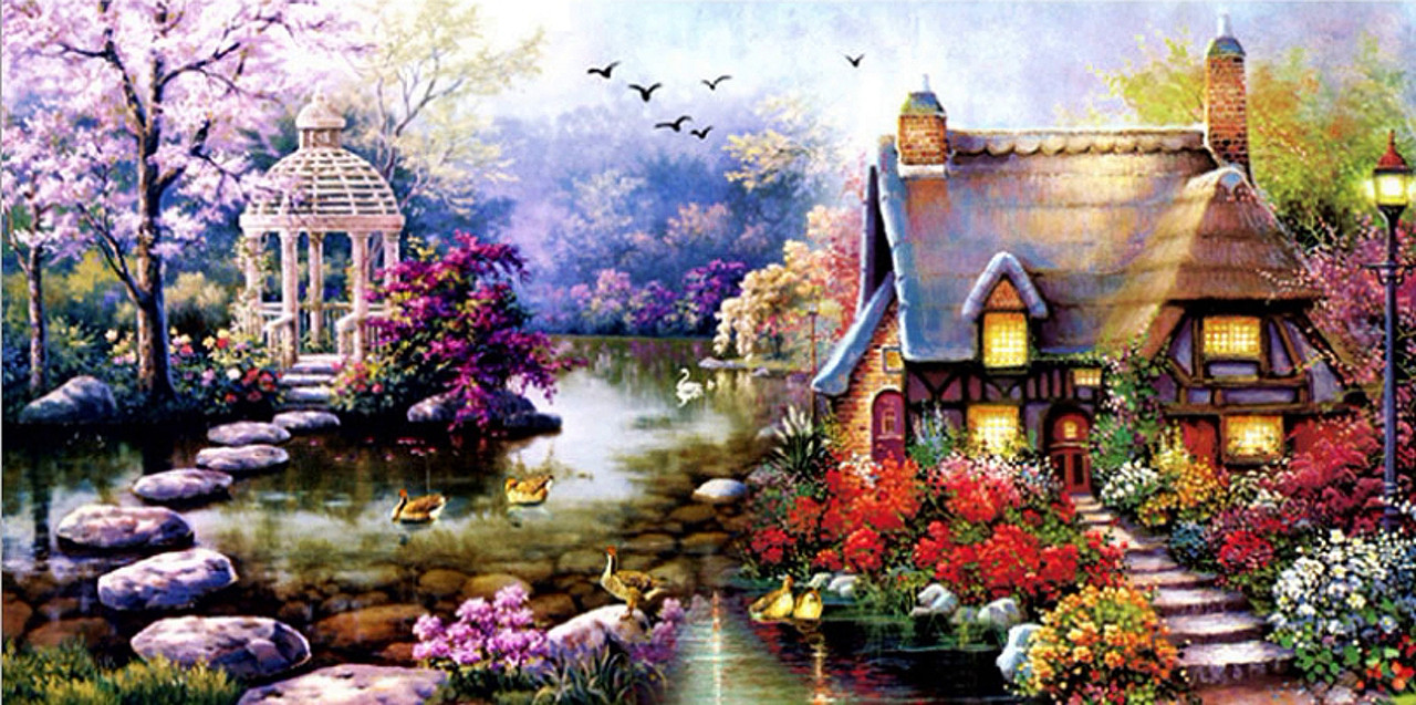 

Картина для рисования камнями Беседка на воде 84*42 см частичное Diamond painting Алмазная вышивка алмазами (2708)