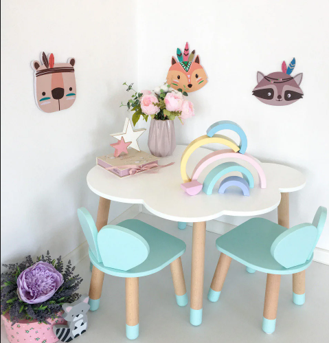 

Детский стол Облако и 2 стульчика KidsBunkBed Мышка цвет белый мятный дерево