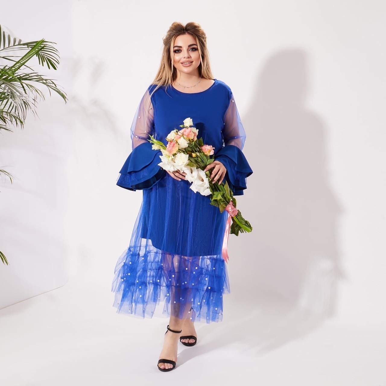 

Платье женское вечернее миди креп дайвинг со вставками сетки рукав и подол рюши Miss Podium Электрик, Платье женское вечернее миди креп дайвинг со вставками сетки рукав и подол рюши Miss Podium Электрик 56