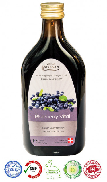 

Натуральный швейцарский мультивитаминный Напиток Черника витал/Blueberry Vital для зрения VIVASAN Original 250 мл GMP Certified