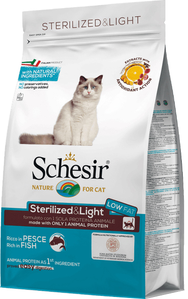 

Сухой монопротеиновый корм Schesir Cat Sterilized & Light для взрослых котов с рыбой 1.5 кг