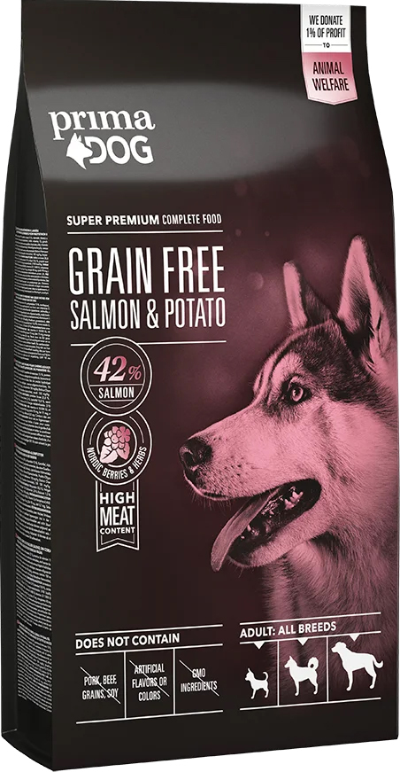 

Сухой беззерновой корм для собак всех пород с лососем и картошкой PrimaDog Grain-free Salmon&Potato 10 кг