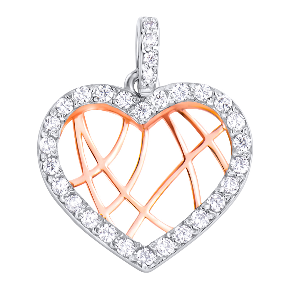 

Золотая подвеска в красном цвете в виде сердца с фианитами и родированными крапанами 000117582