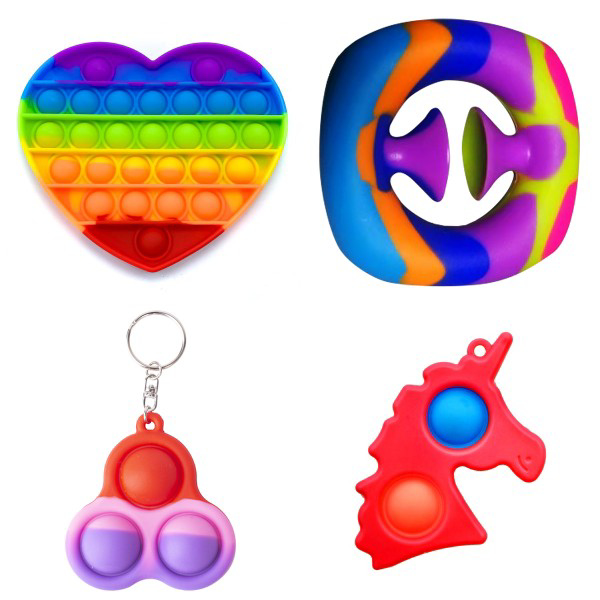 

Набор Антистресс Игрушек: Pop it Сердце Радужное + Snappers №12 камуфляж + Simple Dimple Брелок Единорог 2 пупырки Красный + Pop it Брелок 3 пупырки Камуфляж 6