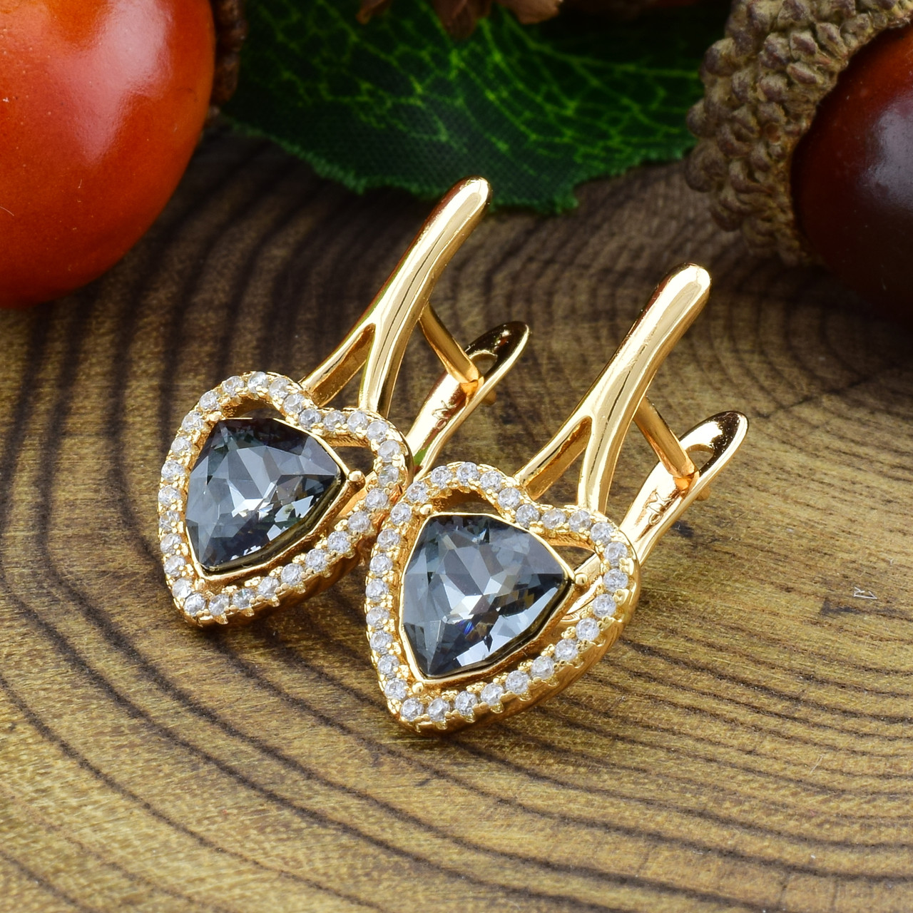 

Сережки Xuping Надзвичайна краса з кристалами Swarovski 26066 розмір 24х12 мм Срібна ніч позолота 18К