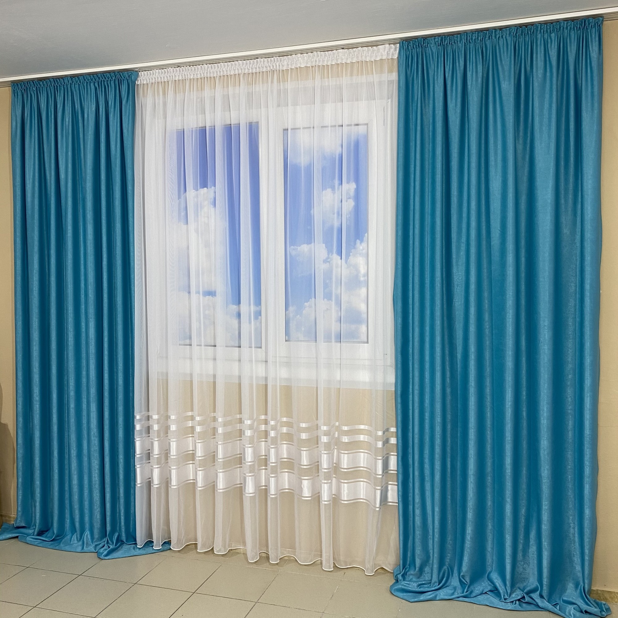 

Готовые шторы с тюлем TG Home №435 Софт и шифон Бирюза
