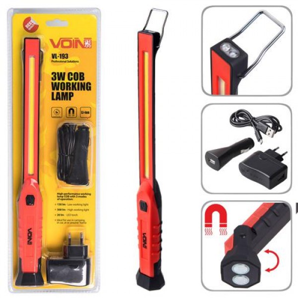 

Переносная лампа "VOIN" VL-193 12V/220V/3W-COB+2 LED-НР/АКБ/USB+microUSB/магнит (VL-193)