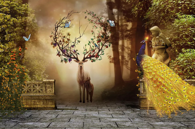 

Фотообои Walldeco Олени и павлин №dec-561 Жаккард