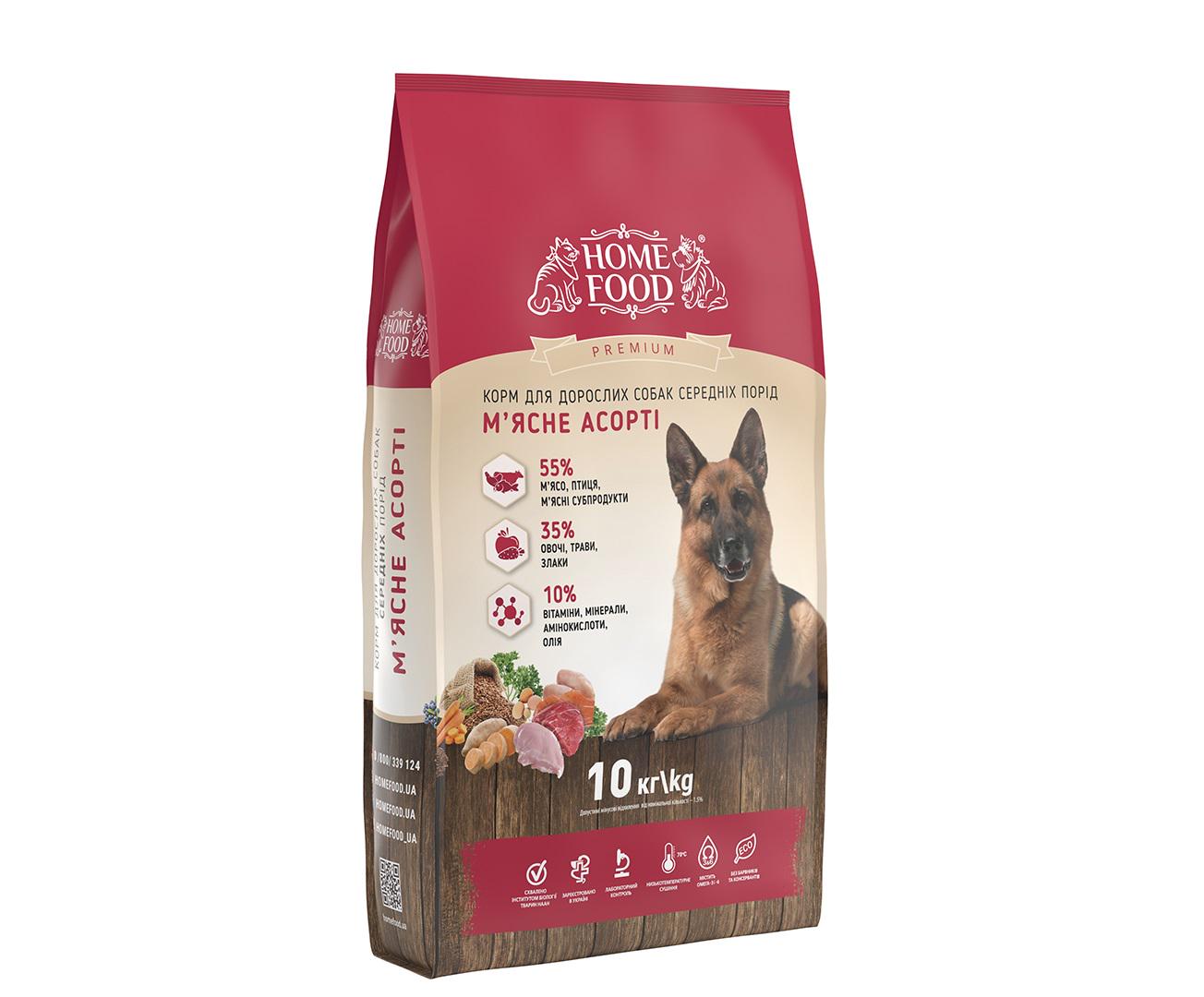 

Корм HOME FOOD для собак средних пород Мясное ассорти 10 кг