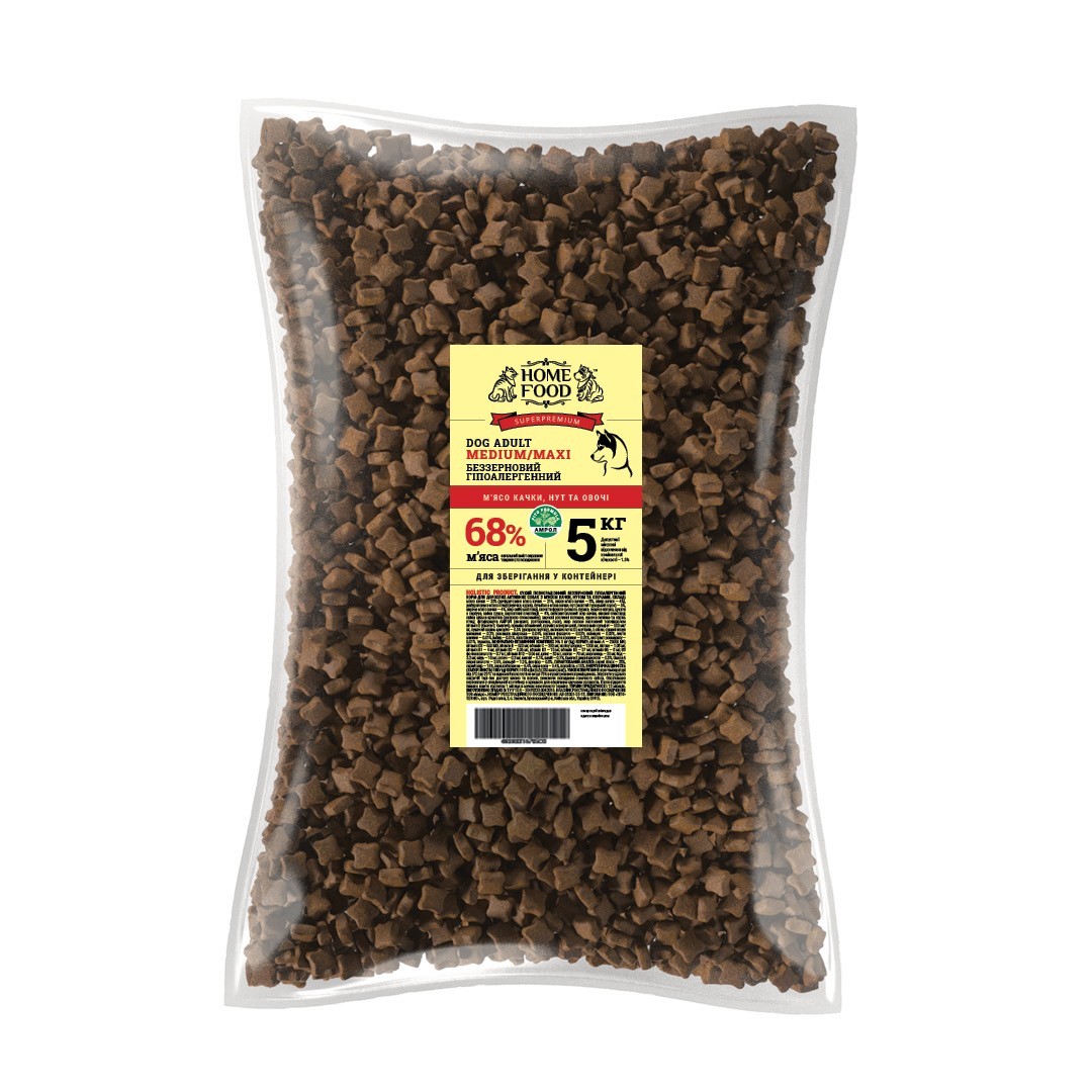 

Корм HOME FOOD для собак средних и крупных пород беззерновой гипоаллергенный Мясо утки с нутом 5 кг