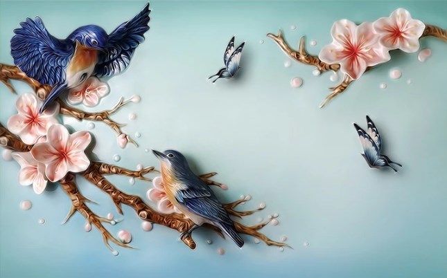 

Фотообои Walldeco Барельеф: синие маленькие птицы №dec_3023 Фреска