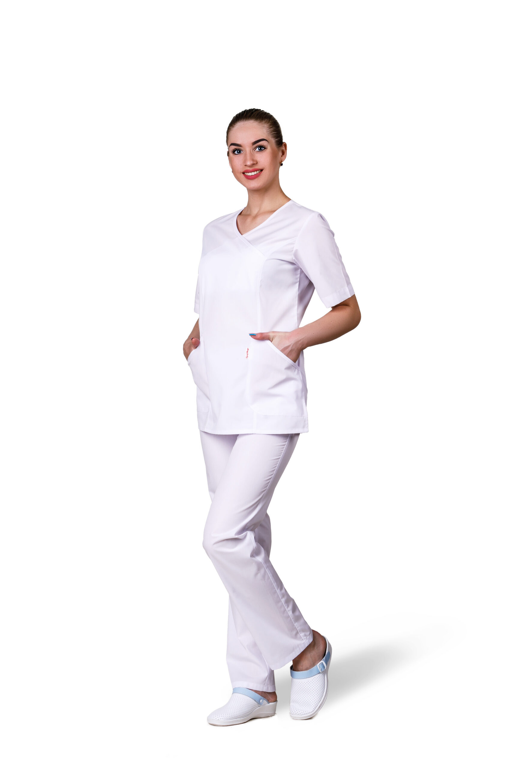 

Топ хирургический женский ПРОФМОДА Вера белый Жакет смесовая 42 -170 35% хлопок*65% полиэстер Украина без застёжки рукав короткий серый розовый гиацинт