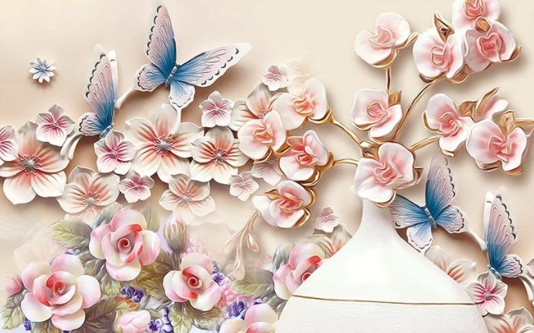

Фотообои Walldeco Барельеф: цветы, ваза и бабочки №dec_3016 Бриз