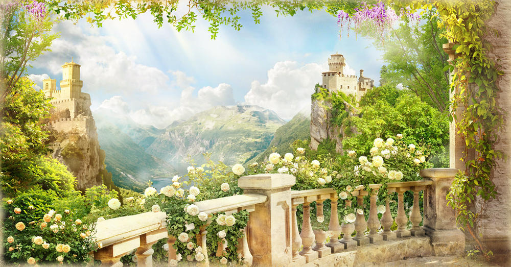 

Фотообои Walldeco Балкон с цветущими розами №30641 Волокно