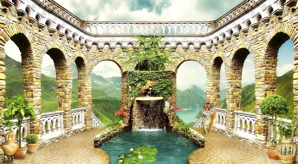 

Фотообои Walldeco Тигр на террасе с фонтаном №34707 Жаккард