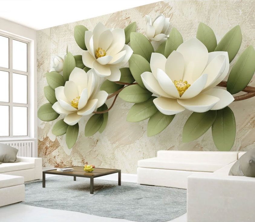 

Фотообои Walldeco Белые большие цветы №dec-2025 Мелкий песок с блестками