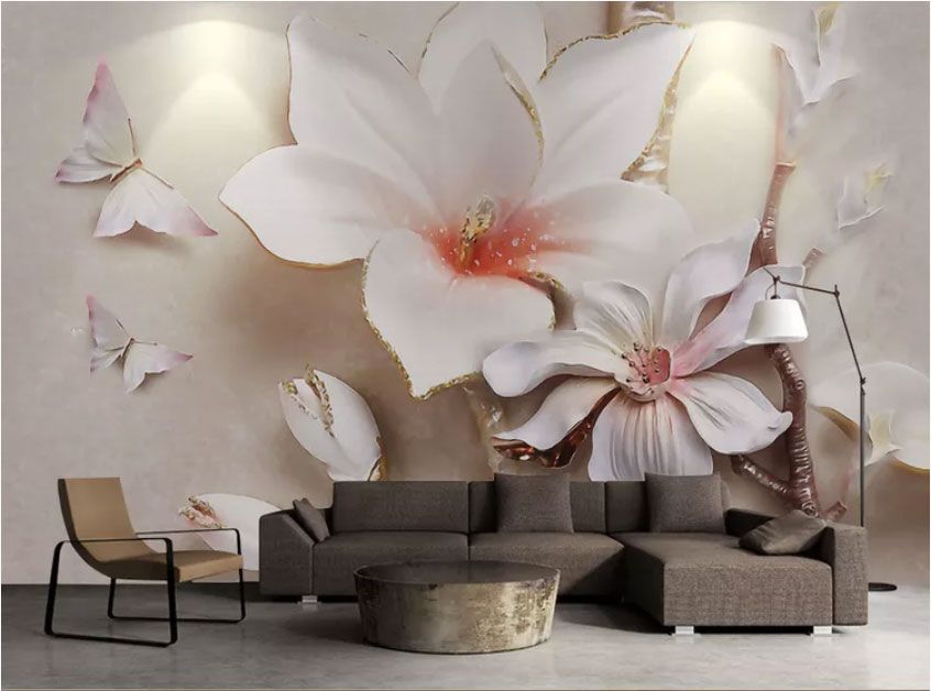 

Фотообои Walldeco Цветущая магнолия и бабочки №dec-2117 Мелкий песок с блестками