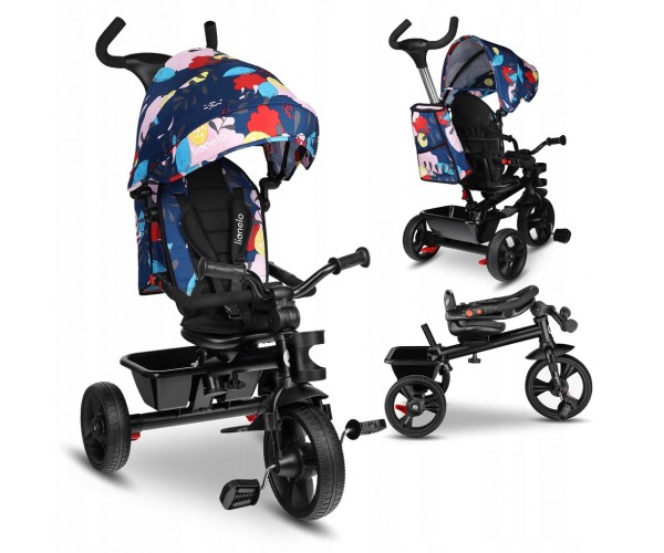 

Велосипед трехколесный Lionelo Haari Blue navy с родительской ручкой, поворотным сидением, корзиной, сумочкой и подстаканником, Синий