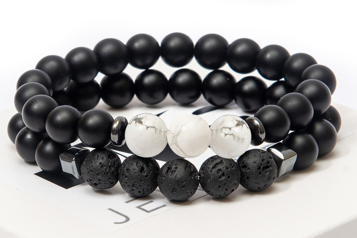 

Парный браслет женский DMS Jewelry из натуральных камней: шунгит, гематит, лава, кахолонг DOUBLE WHITE TRIPLE