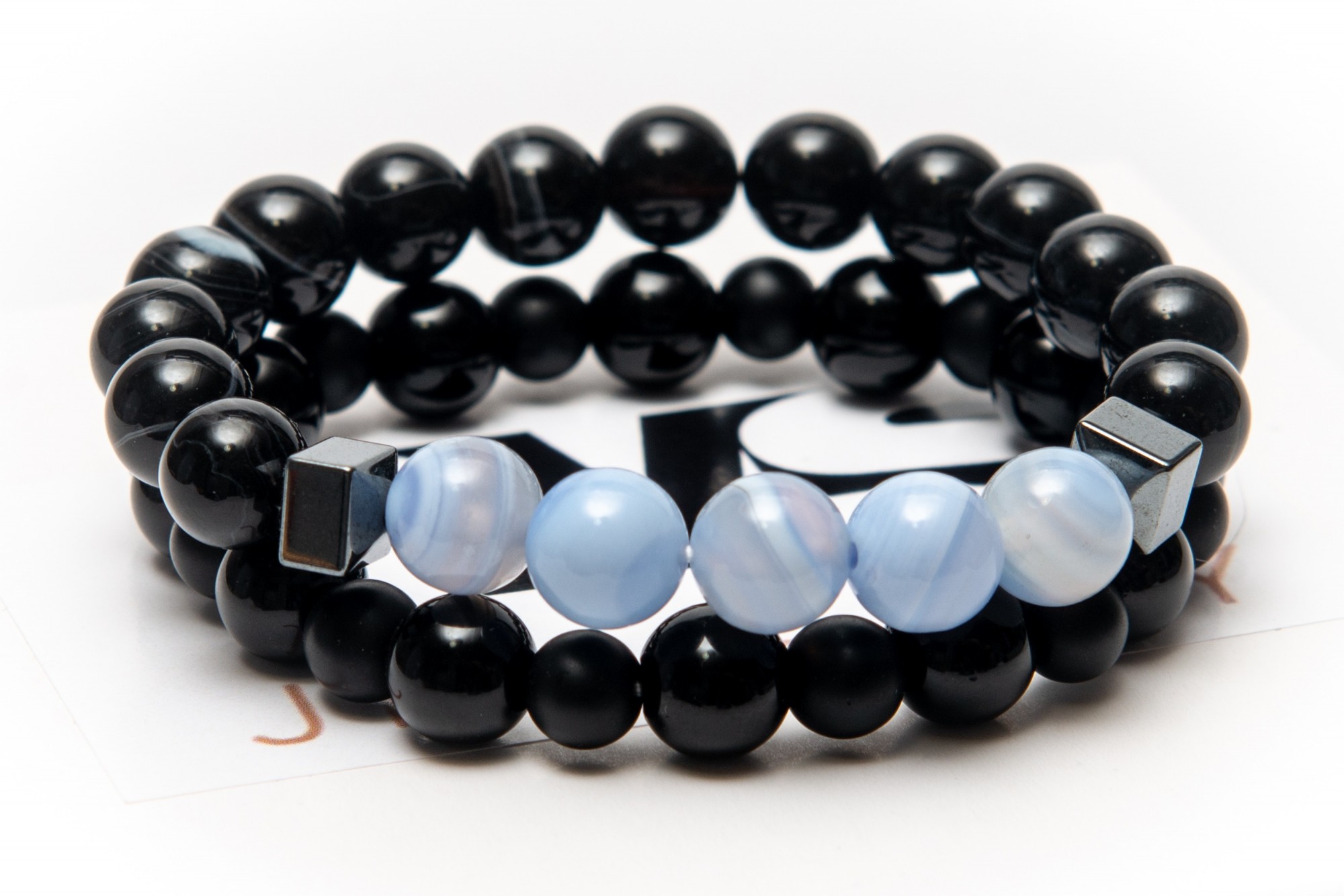 

Парный браслет из черного и голубого агата женский DMS Jewelry из натуральных камней: агат, гематит POWER OF AGATE BLUE AND BLACK