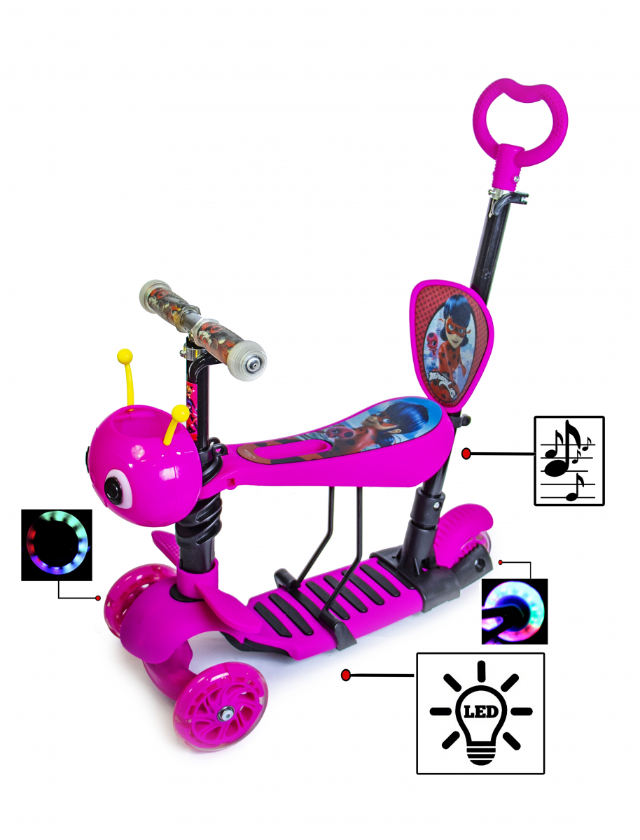 

Детский самокат Scooter 5in1 cо светящимися колесами и музыкой "Пчелка" Леди Баг розовый