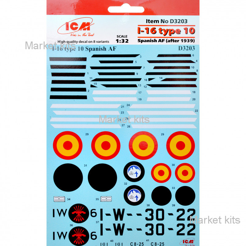 

Декаль для самолета И-16 тип 10 ВВС Испании (после 1939 г.) 1:32 ICM (ICMD3203)