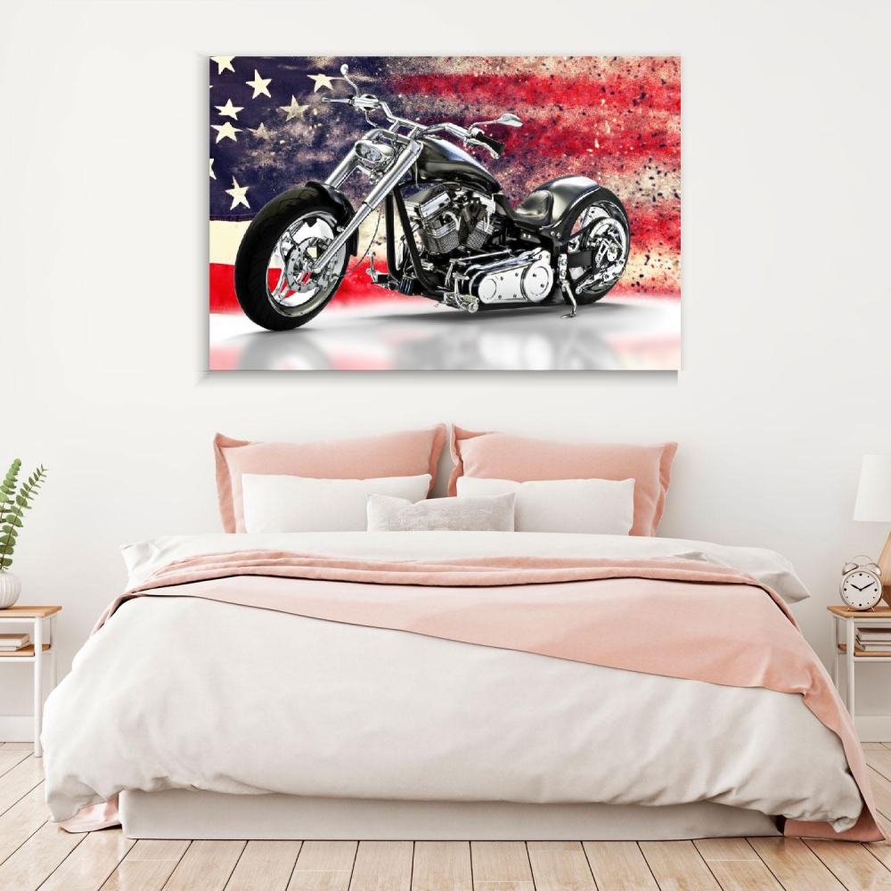 

Картина на холсте Автомобили Black Motorcycle With American Flag 40х80 см.