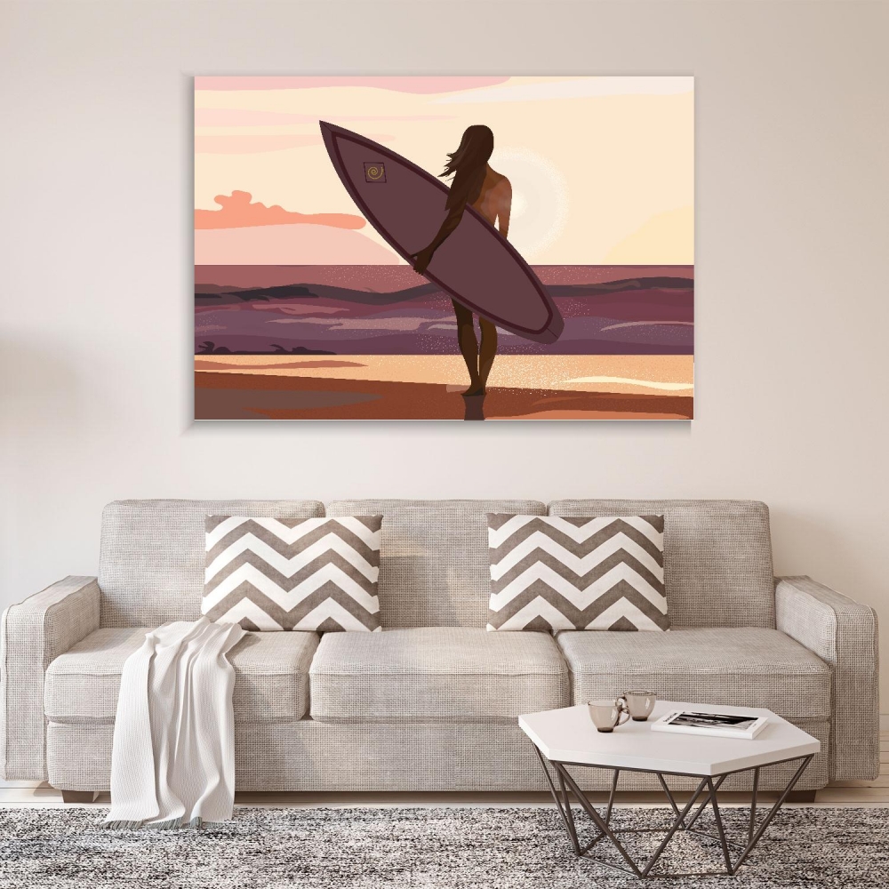 

Картина на холсте Природа Girl With A Surfboard At Sunset 70х140 см.