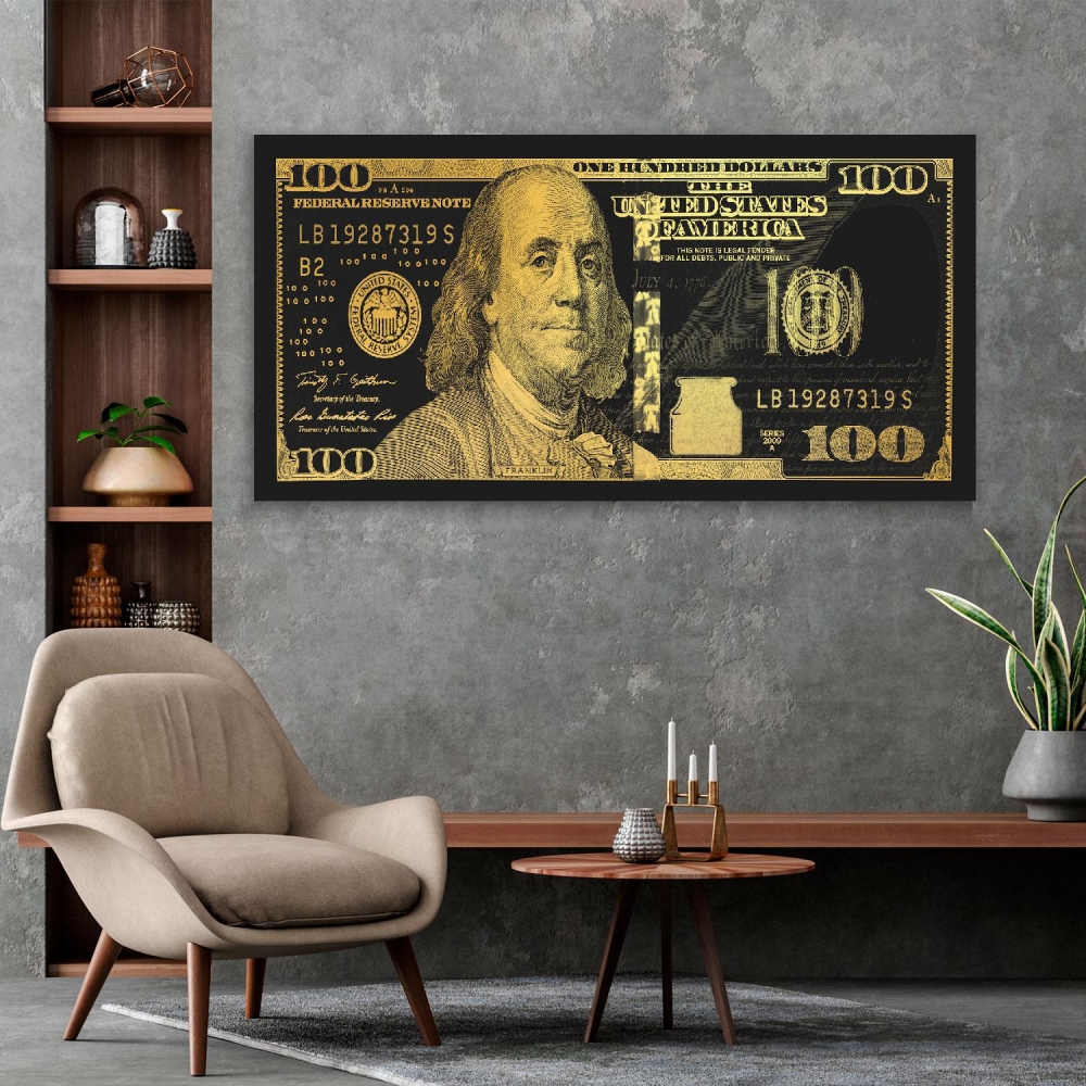 

Картина на холсте Деньги 100$ Gold Black 90х180 см.