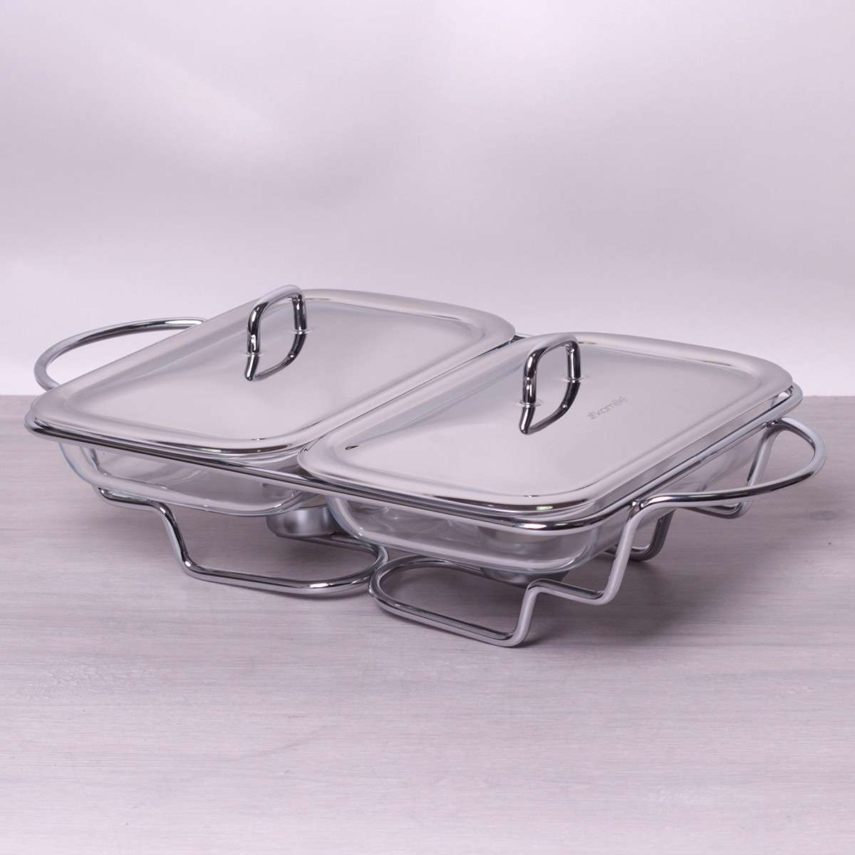 

Мармит двойной стеклянный 2 * 1.5л с металлическими крышками и подставкой