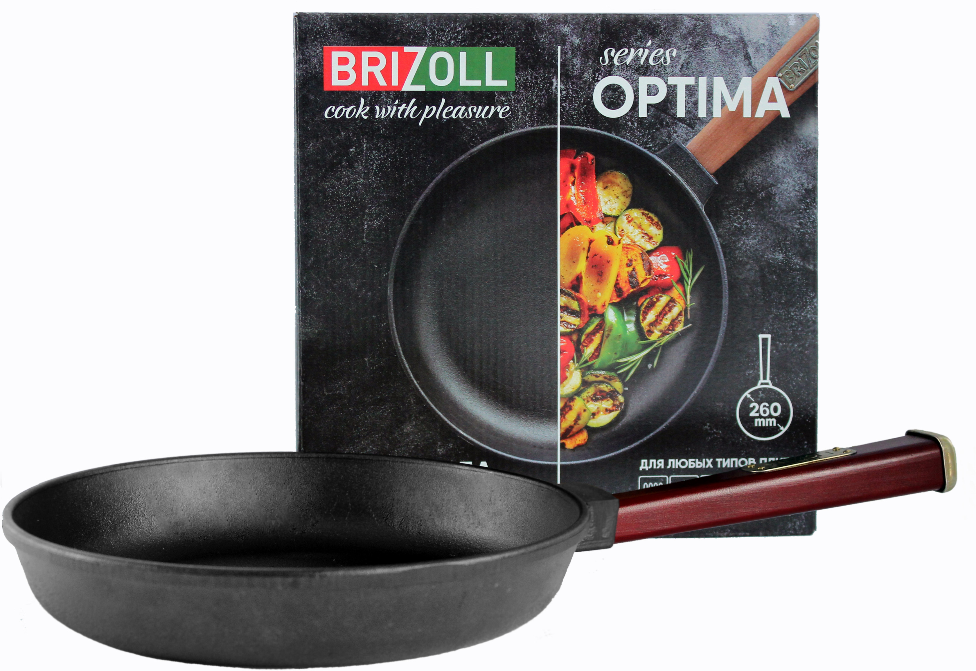 

Cковорода Brizoll Optima-Bordo чугунная с ручкой 260х40 мм (O2640-P2)