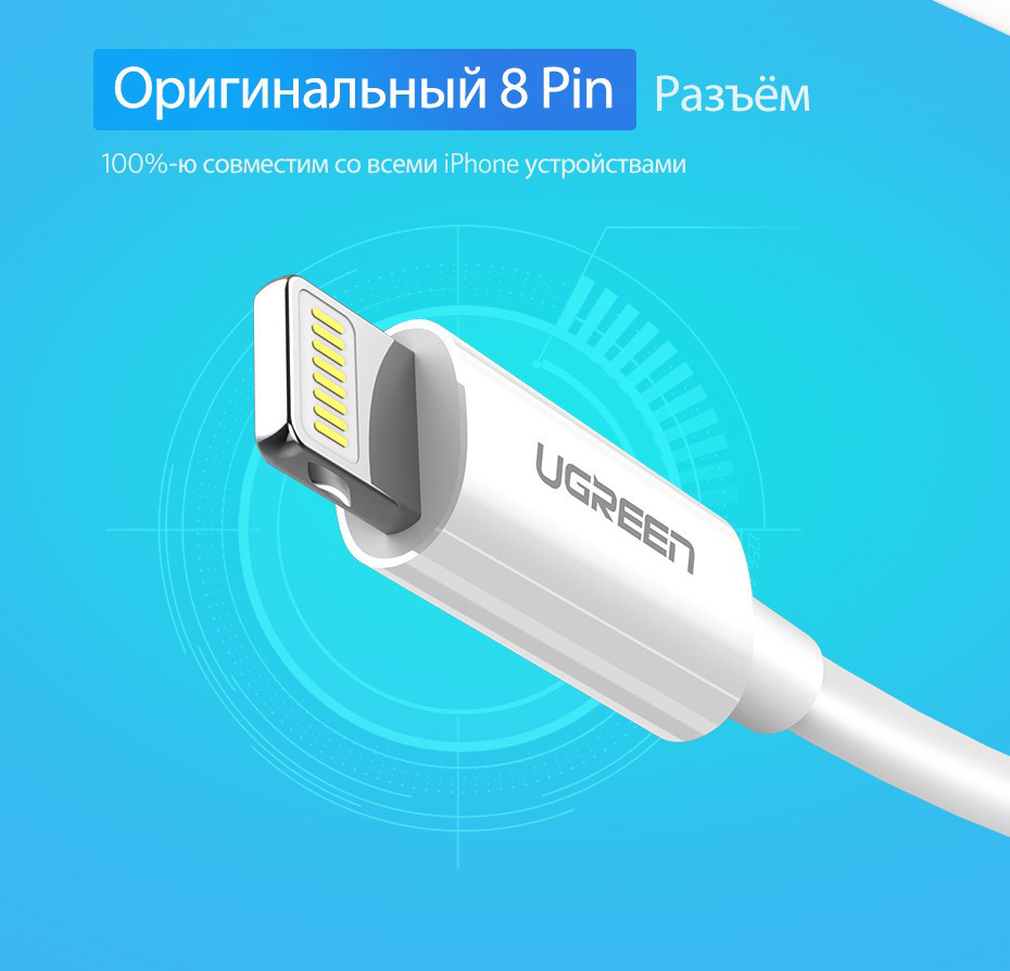 

Зарядный кабель Ugreen US155 быстрая зарядка 2.4 MFi сертифицированный lightning 2м White