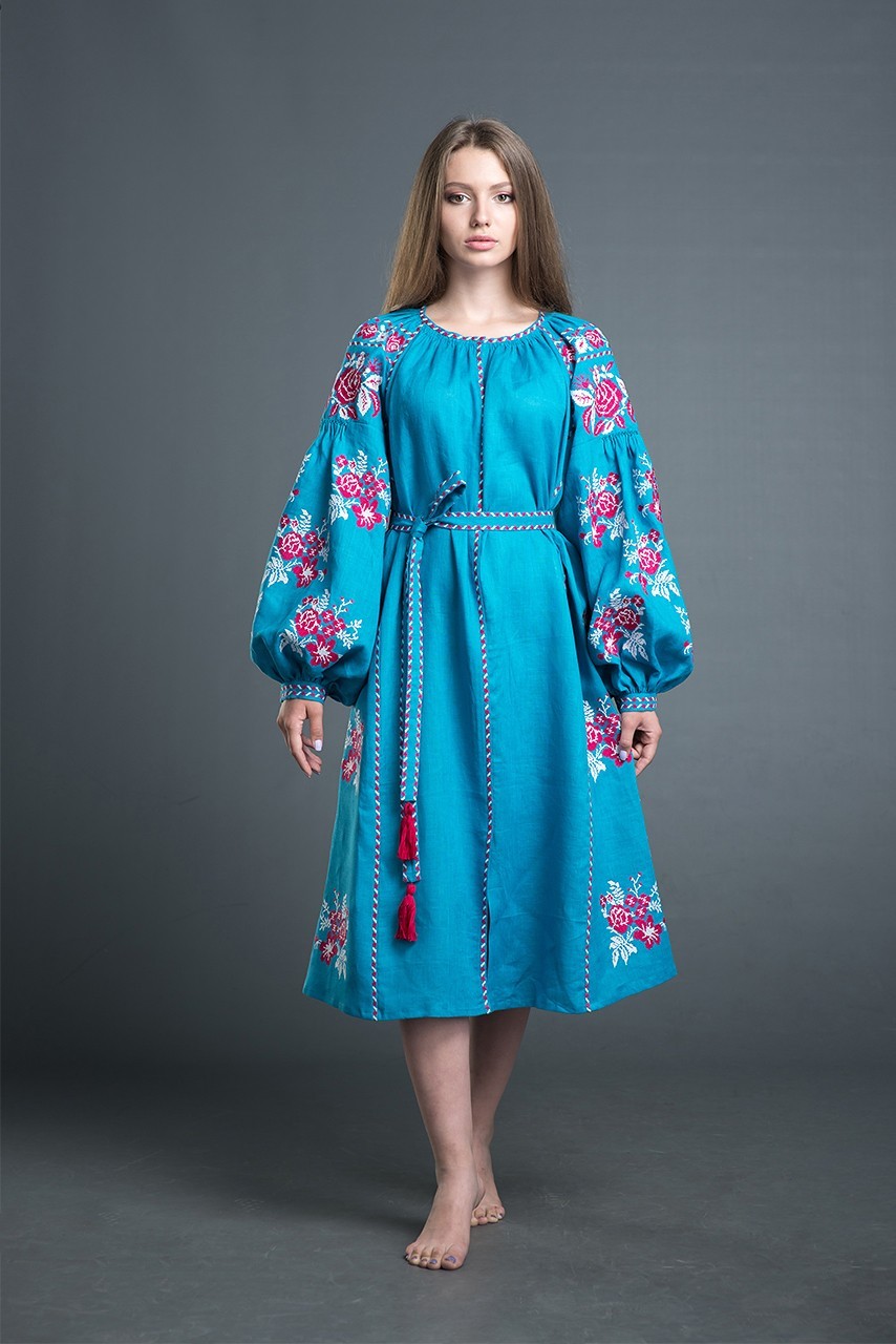 

Вышитое льняное платье Folk Fashion "Квіткова Мрія" M голубое