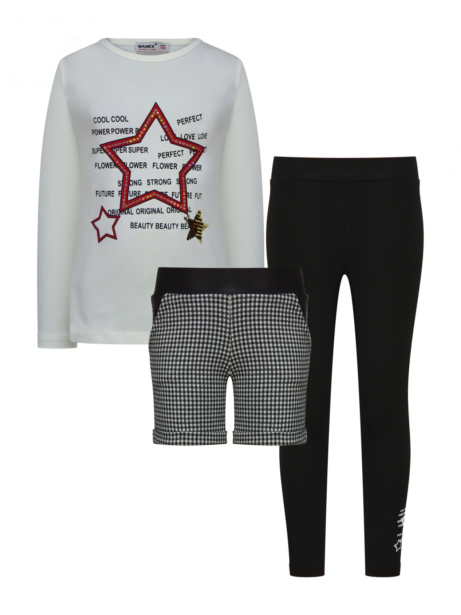 

Комплект (футболка с длинными рукавами + шорты + лосины) Wanex 21809 116 см Ванильный с черным