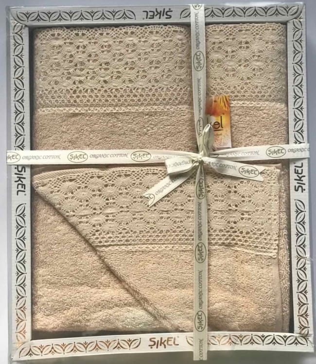 

Набор полотенец для тела Sikel кружево Soft 30*50 + 50*90 см + 70*140 см махровые банные в коробке бежевый 3шт арт.ts-01700