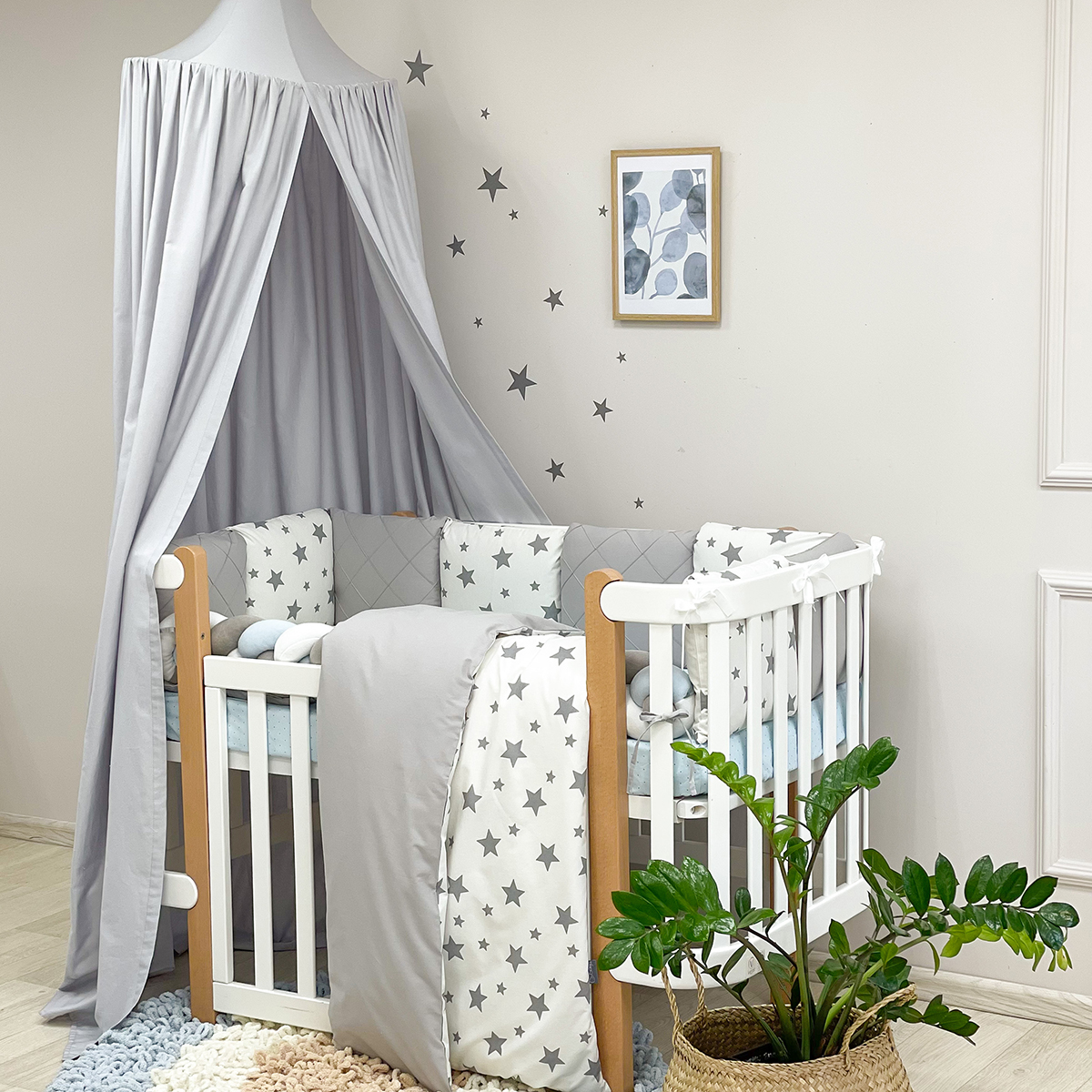 

Комплект в кроватку Маленькая соня Happy night Звезда поплин стандарт/овал с бортиками 6 предметов детский серый арт.02107387