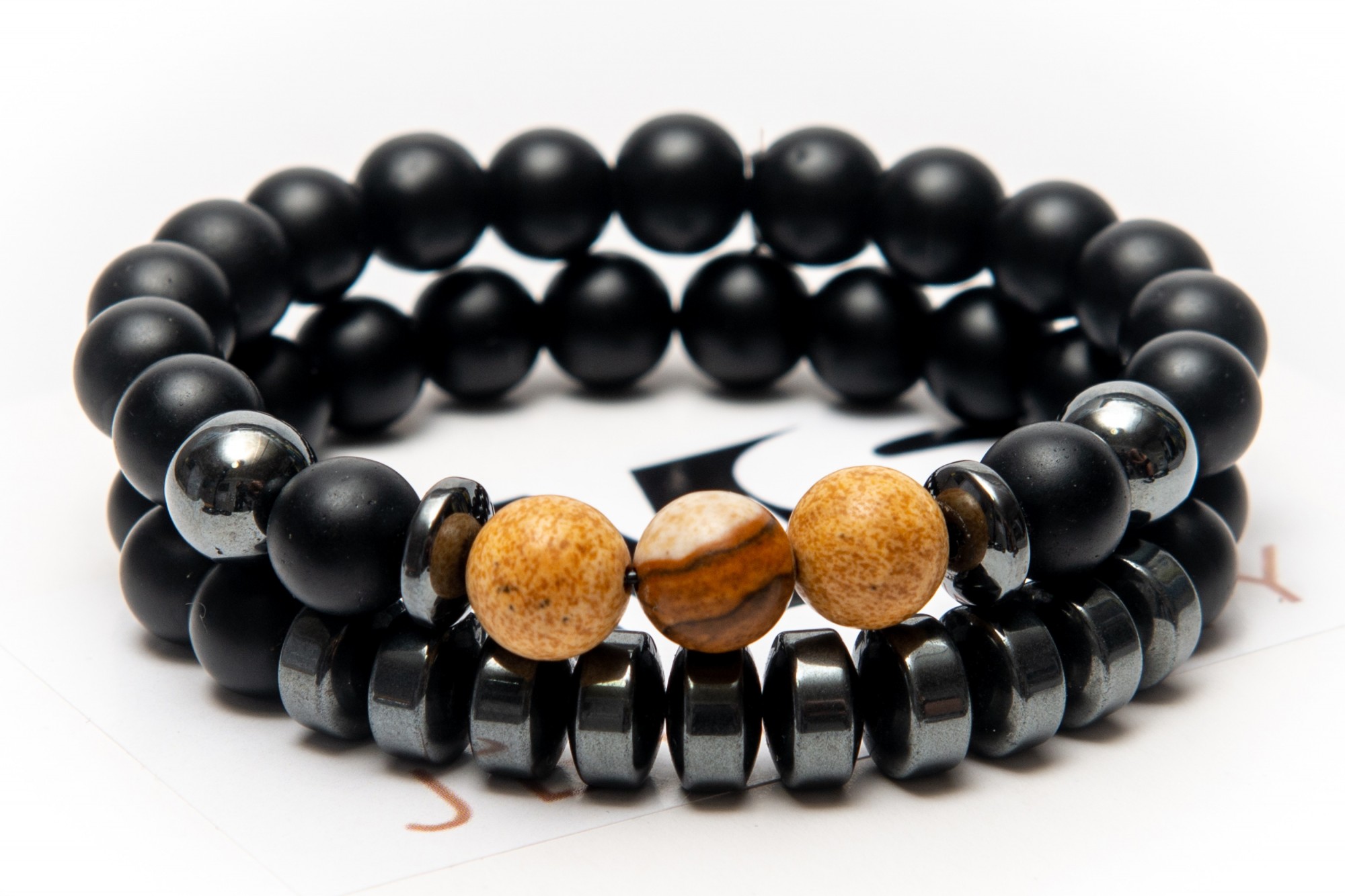 

Парный браслет мужской и женский DMS Jewelry из натуральных камней Ø 8мм: шунгит, гематит (синт.), яшма YELLOW CONCENTRATION