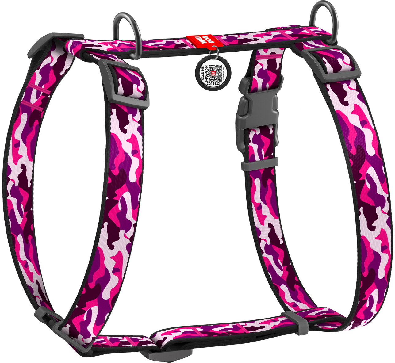 

Шлея для собак Collar анатомическая H-образная WAUDOG Nylon с QR-паспортом, пластиковый фастекс, L, Ш 25 мм, А 50-90, В 60-100 рисунок "Розовый камо" (5529)