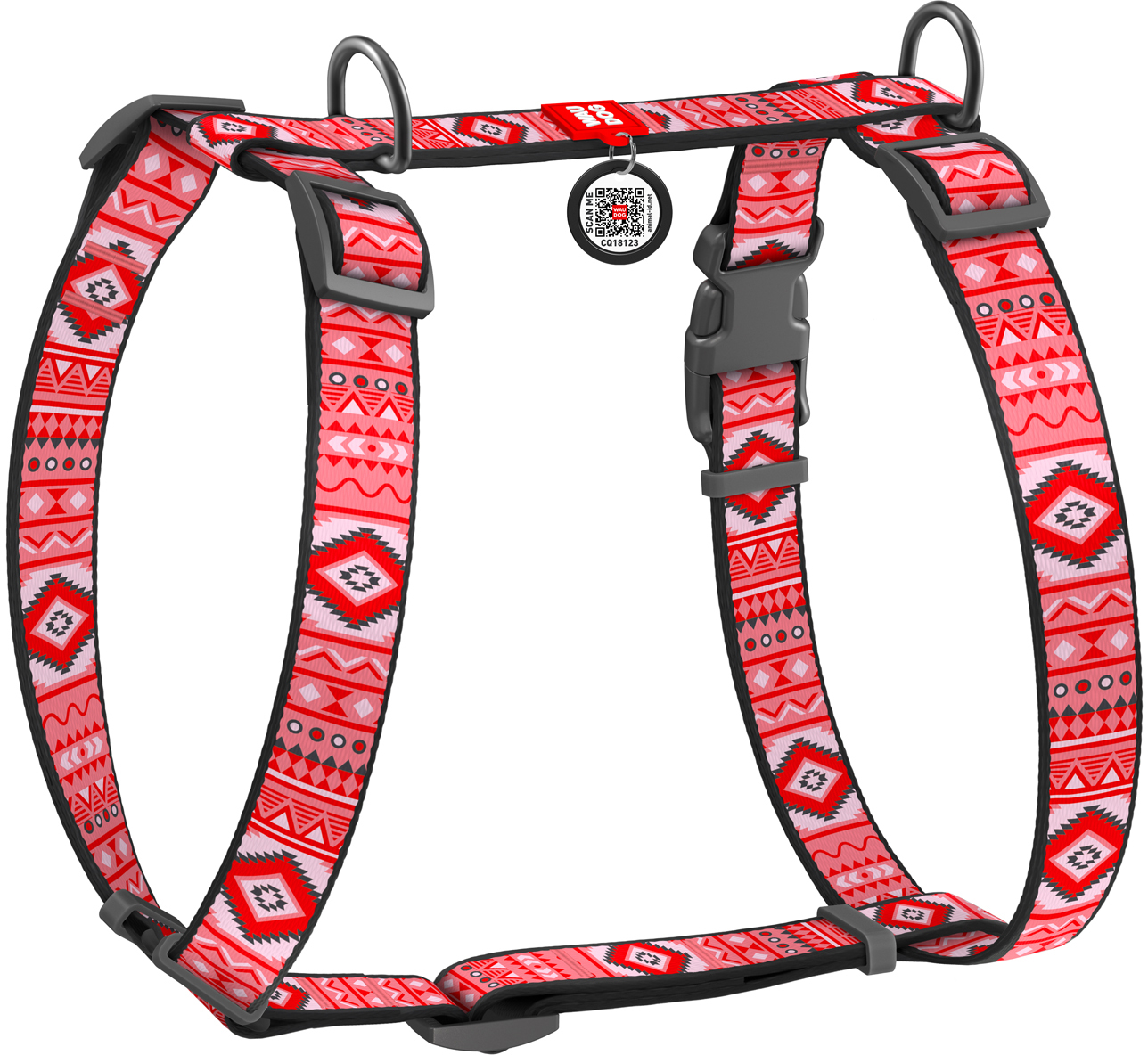 

Шлея для собак Collar анатомическая H-образная WAUDOG Nylon с QR-паспортом, пластиковый фастекс, М, Ш 20 мм, А 40-70, В 50-80 рисунок "Этно красный" (5590)