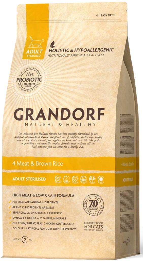 

Сухой корм Grandorf 4 Meat & Brown Rice Adult Sterilised для стерилизованных кошек 4 вида мяса с бурым рисом 400 г (5404009513045)