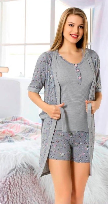 

Женский комплект пижама+халат хлопок Lili  Серый с черным, Женский комплект пижама+халат хлопок Lili S Серый с черным